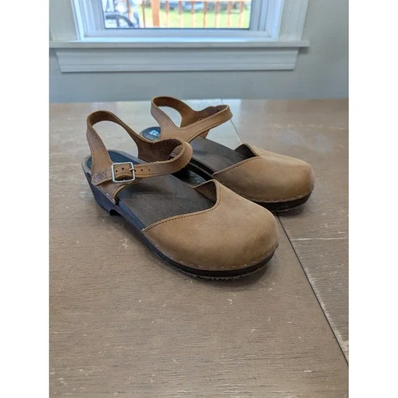 Sandgrens Saragasso Classic Clogs Women's 39 Tan Leather Wooden MaryJane Swedish - Picture 2 of 11